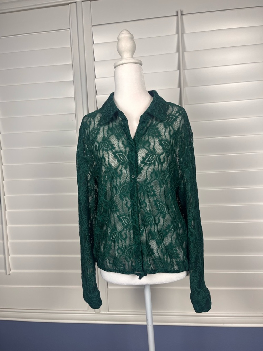 Adrianna Papell Emerald Green Sheer Lace Button-Front Blouse Size M office core